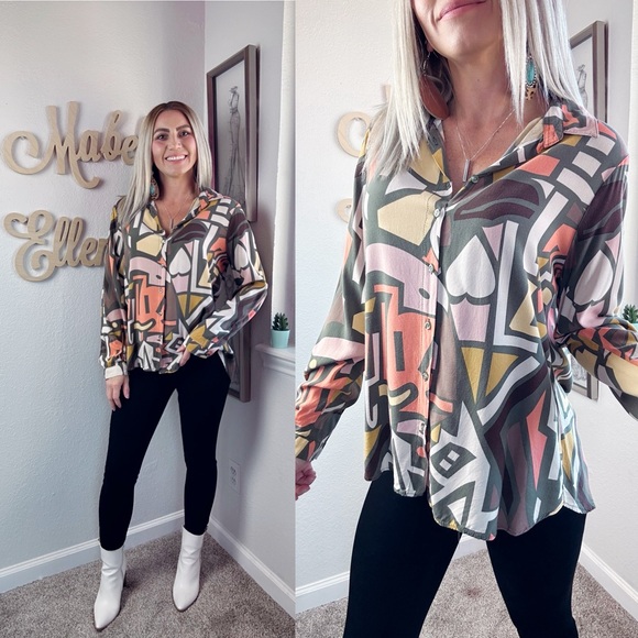 Big Dart Tops - Big Dart statement abstract artistic multi color long sleeve button down size 6